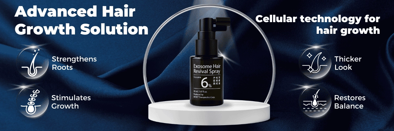 Exosome hair revival spray banner showing cellular hair restoration technology