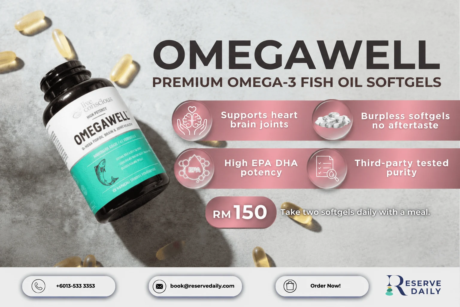OmegaWell omega-3 fish oil softgels bottle Live Conscious OmegaWell omega-3 fish oil softgels bottle