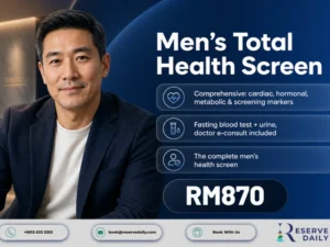 Comprehensive men health screening in Malaysia. 36 markers across hormones, heart, organs and nutrition. Doctor e-consult included.