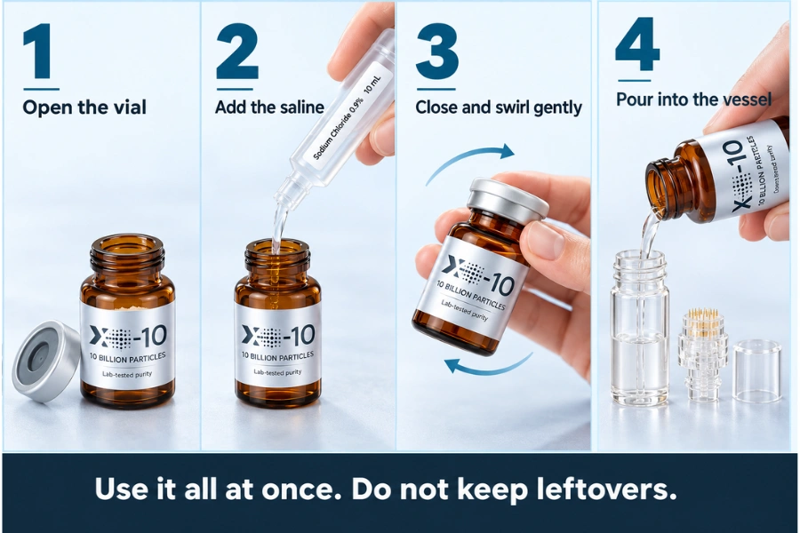 How to use the exosome derma stamp skin kit: open the XO-10B vial, add 10ml saline, swirl gently, pour into the microneedle vessel