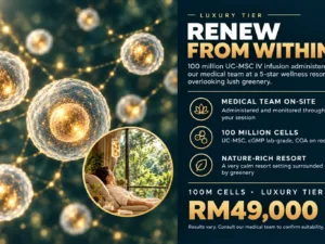 100 million cell stem cell IV therapy in a private medispa suite at a 5-star wellness resort overlooking lush greenery, ReserveDaily