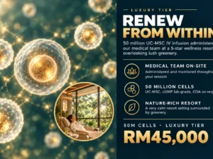 50 million cell stem cell IV therapy in a private medispa suite at a 5-star wellness resort overlooking lush greenery, ReserveDaily